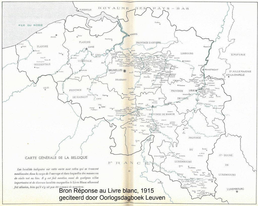 Elk dorpje of stadje dat in augustus-september 1914 met wreedheden tav de bevolking kreeg te maken staat op deze kaart. Concentraties zijn duidelijk rond Luik waar het geweld op de bevolking plaatsvond tussen 4-16 augustus of de periode van de gevechten rond de Luikse fortengordel. De geweldplegingen in de zone Tienen-Aarschot kunnen in verband worden gebracht met de Belgische verdediging rond de Getelinie van 18-19 augustus 1914. Tussen 21-23 augustus braken gevechten uit op een front dat zich tussen Mons en de Gaume uitstrekte. Als gevolg daarvan zijn de dorpjes en stadjes langs de Samber en Maas ten zuiden van de vesting Namen aangepakt. Rond 22-23 augustus werden de dorpjes in de streek van Neufchateau-Virton aangepakt als gevolg van de gevechten tussen Duitse en Franse troepen in deze streek. Tot slot teisterden Duitse troepen de hele regio tussen Leuven-Mechelen-Vilvoorde op 25-26 augustus 1914, toen het Belgische leger een uitval tegen het meest noordelijke gelegen Duitse front deed. (Bron kaart Réponse au Livre blanc, 1915)