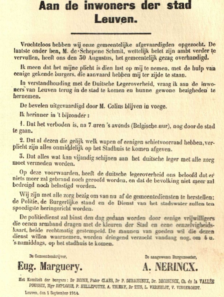 Affiche van 1 september 1914 die de aanstelling van een dienstdoend burgemeester en het 'Comité van Notabelen' aankondigt.