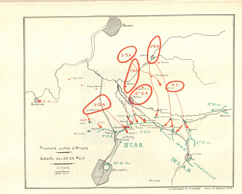 Uitval van het Belgische leger op 25-26 augustus 1914.  Het Duitse front bevond zich ten zuiden van Mechelen (kaart Tasnier & Van Overstraeten 1926, p. 139)