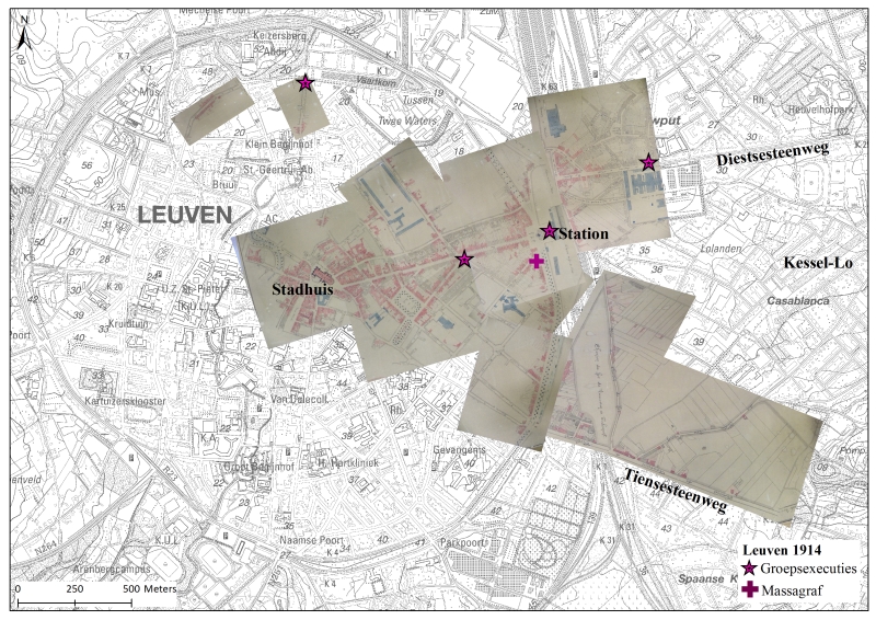 Ongeveer één vierde van de toenmalige Leuvense binnenstad lag in puin. Een heel stadsdeel was totaal onbewoonbaar als gevolg van de brandstichtingen tussen 25 augustus en 2 september 1914 (© kaart Hilde Verboven)