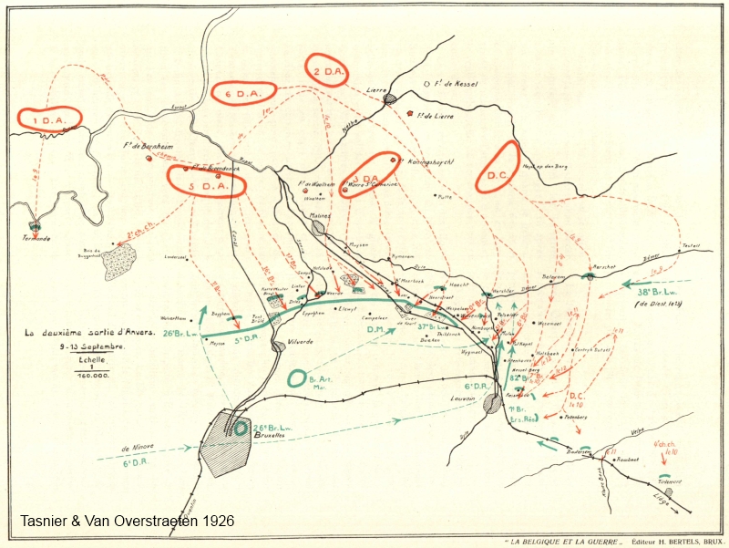 Tussen 9 en 13 september 1914 viel het Belgisch leger  de voorbijtrekkende Duitse troepen aan op het front tussen Leuven en Vilvoorde. Aarschot werd enkele dagen heroverd, Leuven niet. (kaart Tasnier & Van Overstraeten 1926)