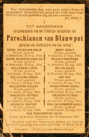 Rouwprent voor de omgekomen parochianen van Blauwput, waaronder Jules en Fernand Meeus (foto Europeana databank)
